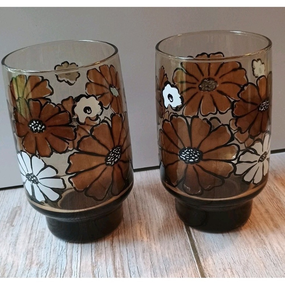 Vintage Libbey Camellia Tawney Glasses Brown Daisy Tumbler Juice Amber- 2